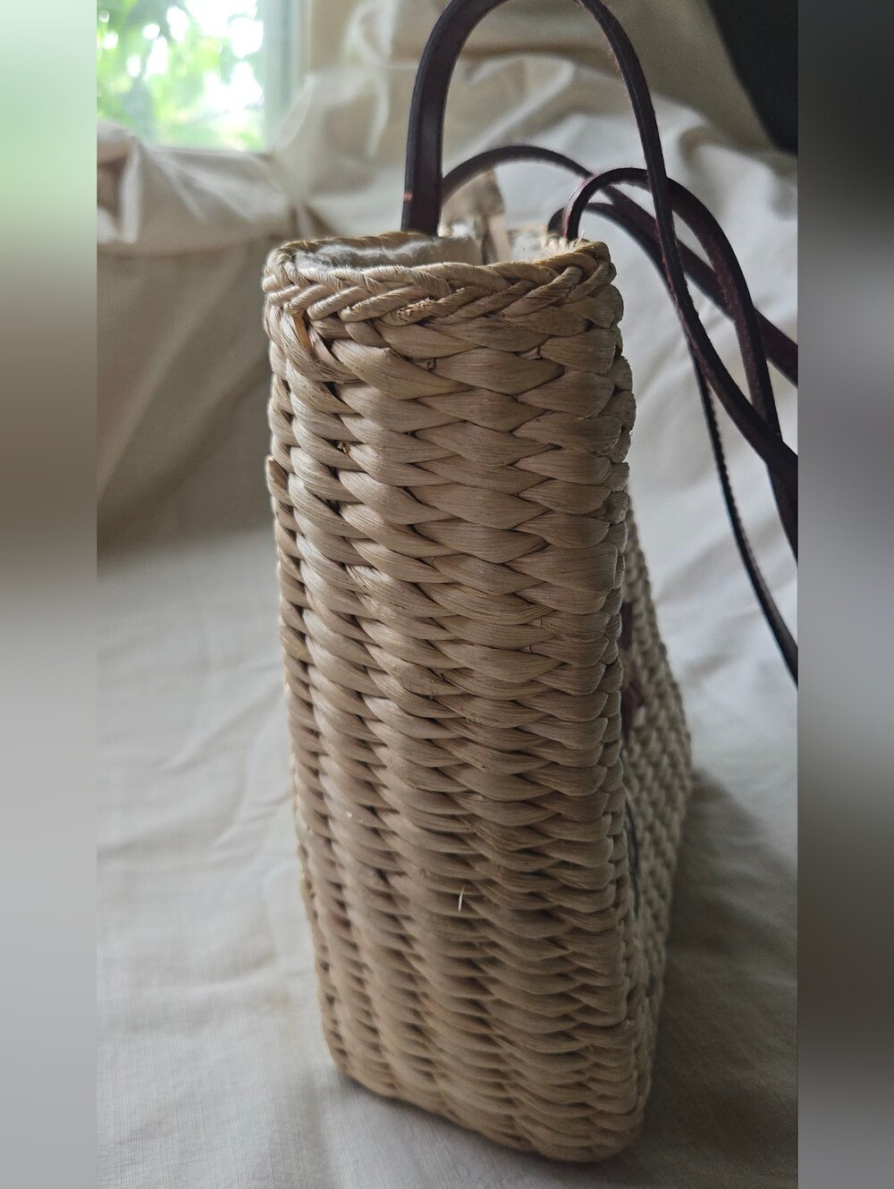 Woven Straw Tote with Floral Motif - Brown Straps - Picture 6 of 8